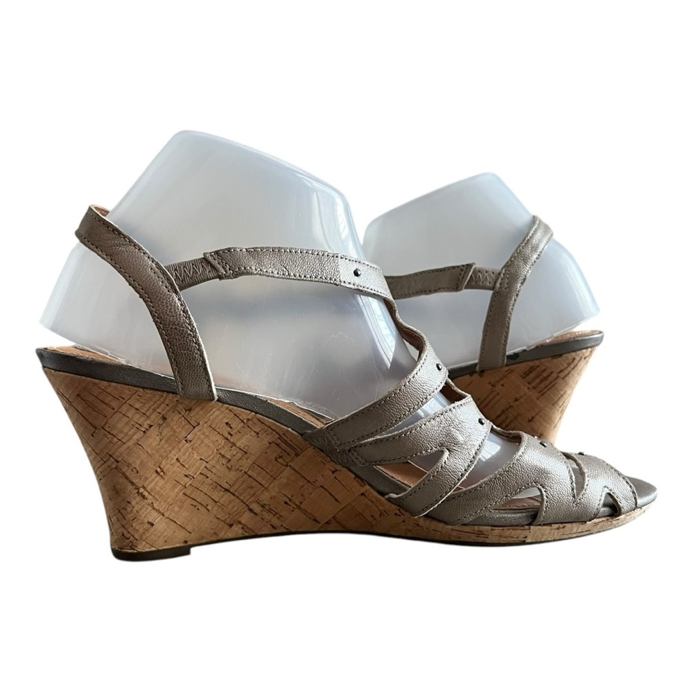 Clarks Fiddle Wedge Sandals Women's 10 M Slingback Leather Adjustable Strap Tan‎